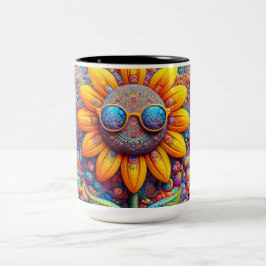 Koffiekop met zonnebloem heeft een geweldige dag tweekleurige koffiemok