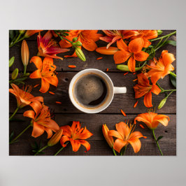Koffiekop omringd door levendige oranje bloemen poster
