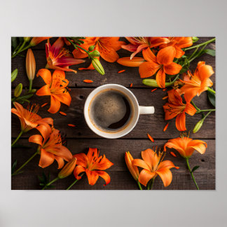 Koffiekop omringd door levendige oranje bloemen poster