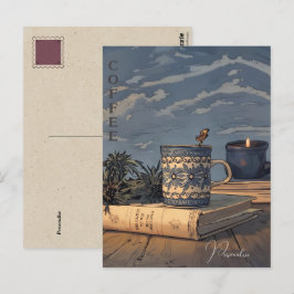 Koffiekop Vintage Boek Kaars Blauwe Lucht Wolken Briefkaart