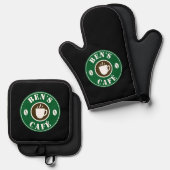 Koffiekopje en bonen logo op maat ovenwant & pannenlap set (Voorkant / Achterkant)