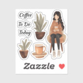 Koffiekopje en planten meisje sticker (Vel)