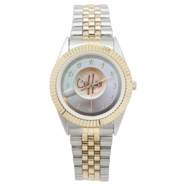 Koffiekopje en schotel latte koffie bruin wit horloge (Voorkant)