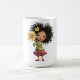 Koffiekopje met klein meisje dat zonnebloem vastho koffiemok