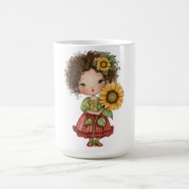 Koffiekopje met klein meisje dat zonnebloem vastho koffiemok