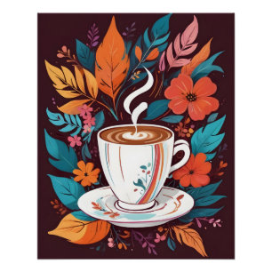 Koffiekopje met kleurrijke bladeren Poster