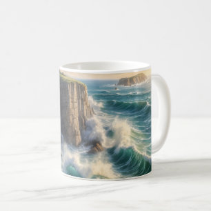Koffiekopje met klif en oceaan golven kustlandscha koffiemok