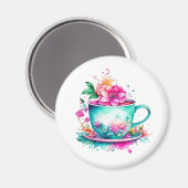 koffiekopje met roze bloemen magneet (Voorkant / Achterkant)