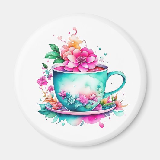 koffiekopje met roze bloemen magneet (Voorkant)