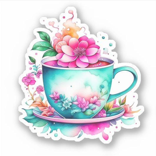   koffiekopje met roze bloemen sticker (Voorkant)
