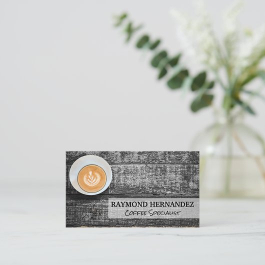 Koffiekopje op houten tafel visitekaartje (Staand voorkant)