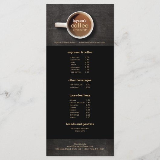 Koffiekopje op Zwart Hout Koffiewinkel Menu Flyer (Voorkant)