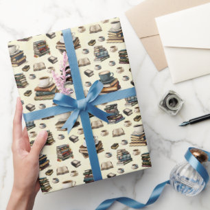 Koffiekopjes & Boeken op Lichtgeel Cadeaupapier