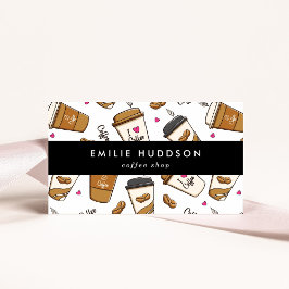 Koffiekopjes, koffiebonen, Barista, Koffiewinkel Visitekaartje