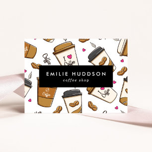 Koffiekopjes, koffiebonen, Barista, Koffiewinkel Visitekaartje