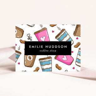 Koffiekopjes, koffiebonen, Barista, Koffiewinkel Visitekaartje