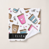 Koffiekopjes, koffiebonen, harten, Jouw naam Bad Handdoek (Wasdoekje)