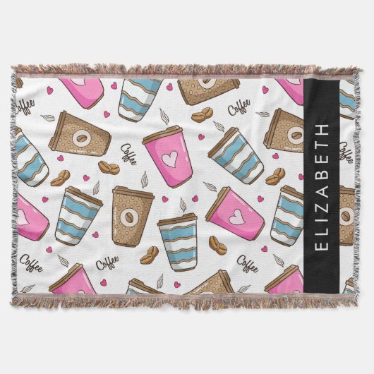 Koffiekopjes, koffiebonen, harten, Jouw naam Deken (Voorkant)