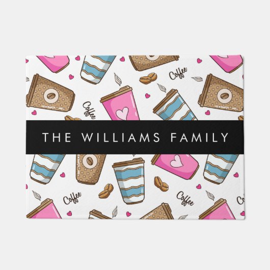 Koffiekopjes, koffiebonen, harten, Jouw naam Deurmat (Voorkant)