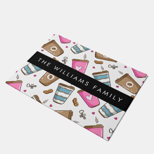 Koffiekopjes, koffiebonen, harten, Jouw naam Deurmat (Schuin)