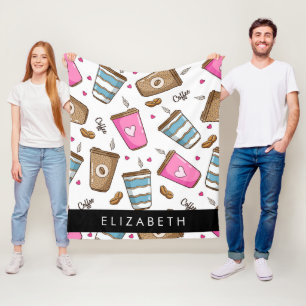 Koffiekopjes, koffiebonen, harten, Jouw naam Fleece Deken