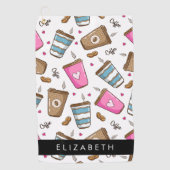 Koffiekopjes, koffiebonen, harten, Jouw naam Golfhanddoek (Voorkant)