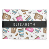 Koffiekopjes, koffiebonen, harten, Jouw naam Kussensloop (Achterkant)