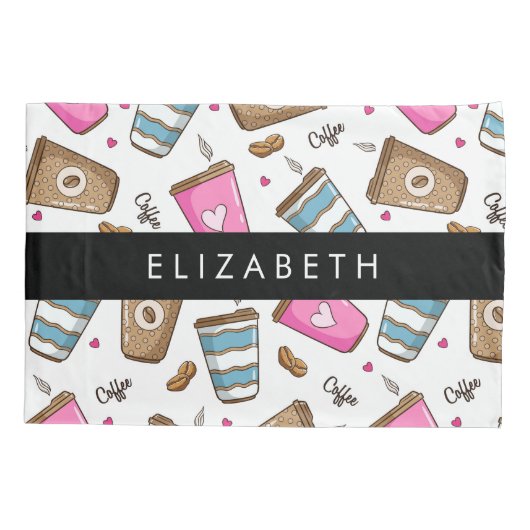 Koffiekopjes, koffiebonen, harten, Jouw naam Kussensloop (Achterkant)