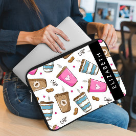 Koffiekopjes, koffiebonen, harten, Jouw naam Laptop Sleeve
