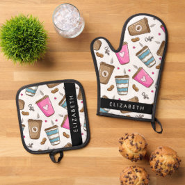 Koffiekopjes, koffiebonen, harten, Jouw naam Ovenwant & Pannenlap Set