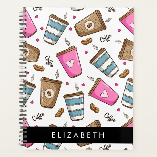 Koffiekopjes, koffiebonen, harten, Jouw naam Planner (Voorkant)