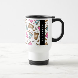 Koffiekopjes, koffiebonen, harten, Jouw naam Reisbeker