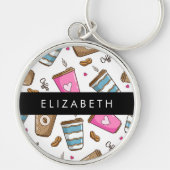 Koffiekopjes, koffiebonen, harten, Jouw naam Sleutelhanger (Voorkant)