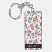 Koffiekopjes, koffiebonen, harten, Jouw naam Sleutelhanger (Voorkant Links)