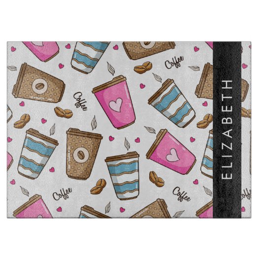 Koffiekopjes, koffiebonen, harten, Jouw naam Snijplank (Voorkant)