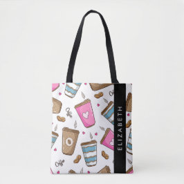 Koffiekopjes, koffiebonen, harten, Jouw naam Tote Bag
