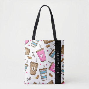 Koffiekopjes, koffiebonen, harten, Jouw naam Tote Bag
