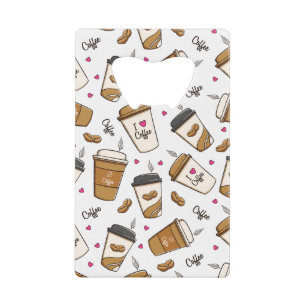 Koffiekopjes, koffiebonen, koffieliefhebber, harte creditkaart flessenopener