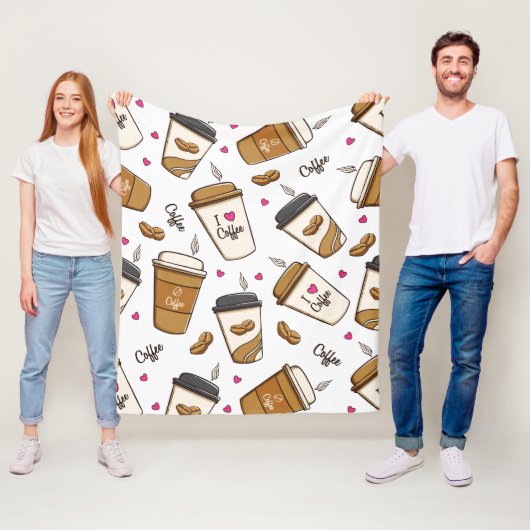 Koffiekopjes, koffiebonen, koffieliefhebber, harte fleece deken (In situ)