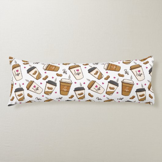 Koffiekopjes, koffiebonen, koffieliefhebber, harte lichaamskussen (Voorkant)