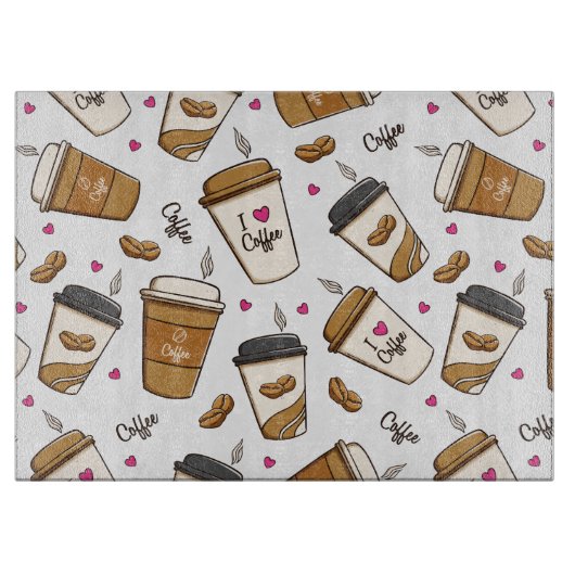 Koffiekopjes, koffiebonen, koffieliefhebber, harte snijplank (Voorkant)