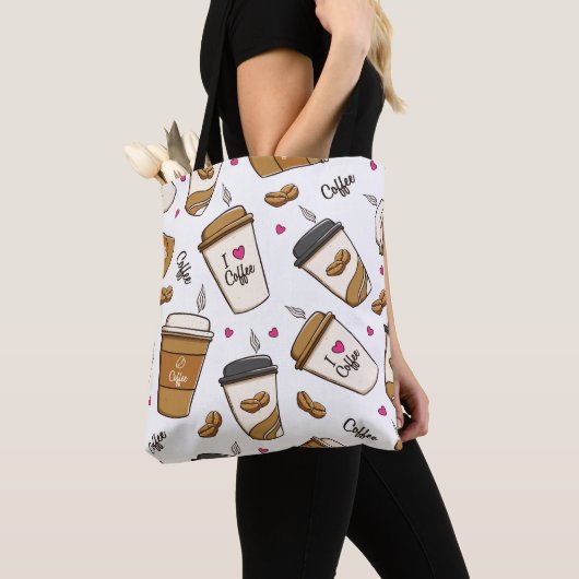 Koffiekopjes, koffiebonen, koffieliefhebber, harte tote bag (Dichtbij)