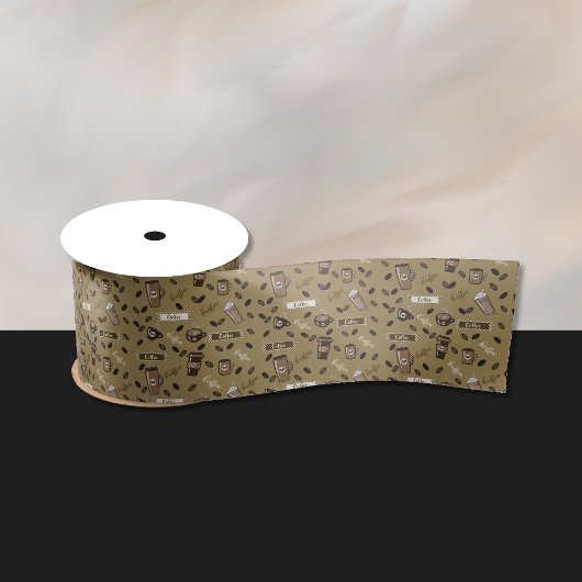 Koffiekopjes Patroon en Word Art Ribbon Satijnen Lint