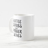 Koffiekruiden en rubberhandschoenen, mok van zure  (Voorkant links)