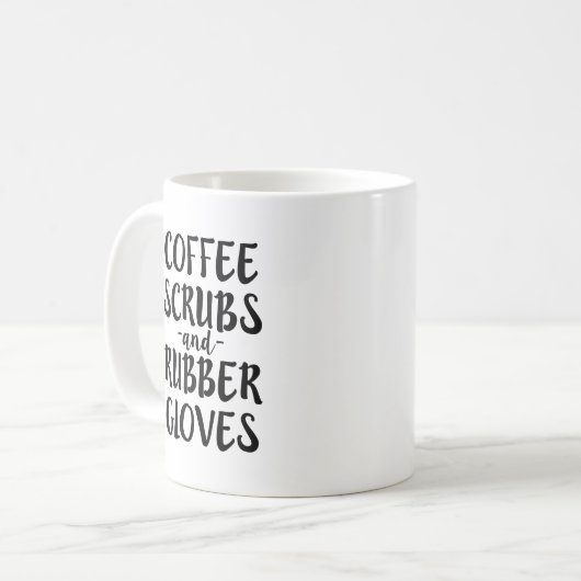 Koffiekruiden en rubberhandschoenen, mok van zure  (Voorkant links)