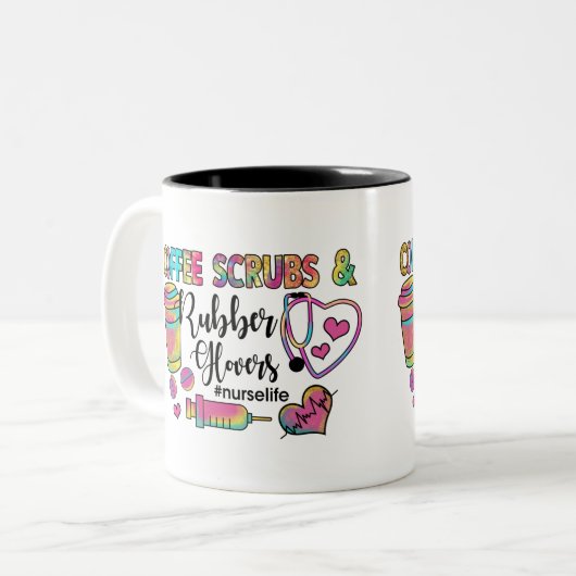 Koffiekruiden en rubberhandschoenen tweekleurige koffiemok (Voorkant links)