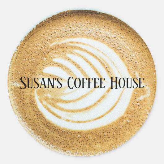 Koffielatte met bladschuim ronde sticker (Voorkant)