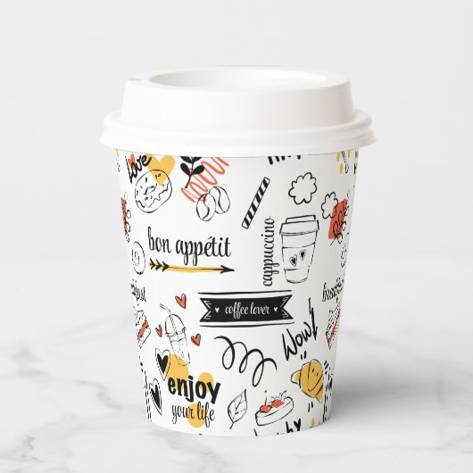 Koffieliefhebber inkt schets patroon papieren bekers (Achterkant)