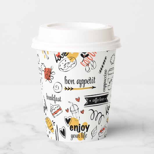 Koffieliefhebber inkt schets patroon papieren bekers (Voorkant)