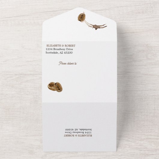 Koffieliefhebbers allemaal in één bruiloft uitnodi all in one uitnodiging (Buitenkant)